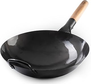 Craft Wok Black13 Pre-Seasoned Hand Hammered Carbon Steel Pow Wok with Wooden and Steel Helper Handle (13 Inch, Round Bottom)