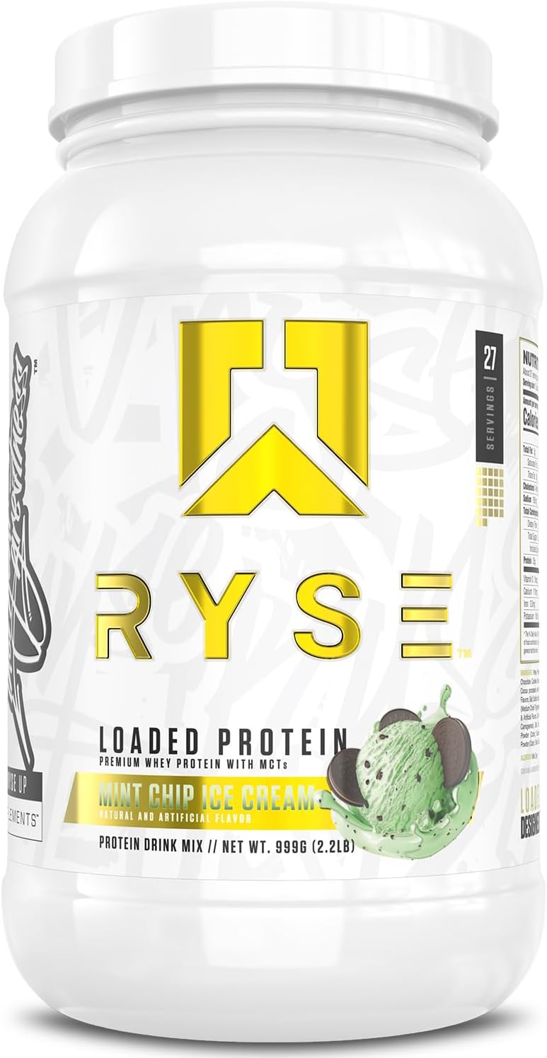 RYSE Loaded Protein Powder - Mint Chip Ice Cream - 25g Whey Protein Isolate & Concentrate with Prebiotic Fiber & MCTs - Low Carb, Low Sugar, Digestive-Friendly - 27 Servings / 2 lb Tub
