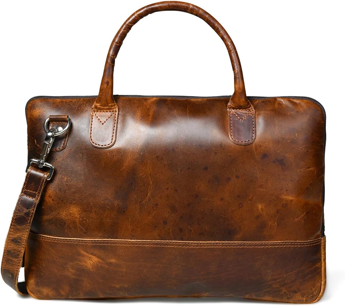 Premium Full-Grain Leather Laptop Briefcase, 15.5 Inch, Vintage Brown, Detachable Shoulder Strap