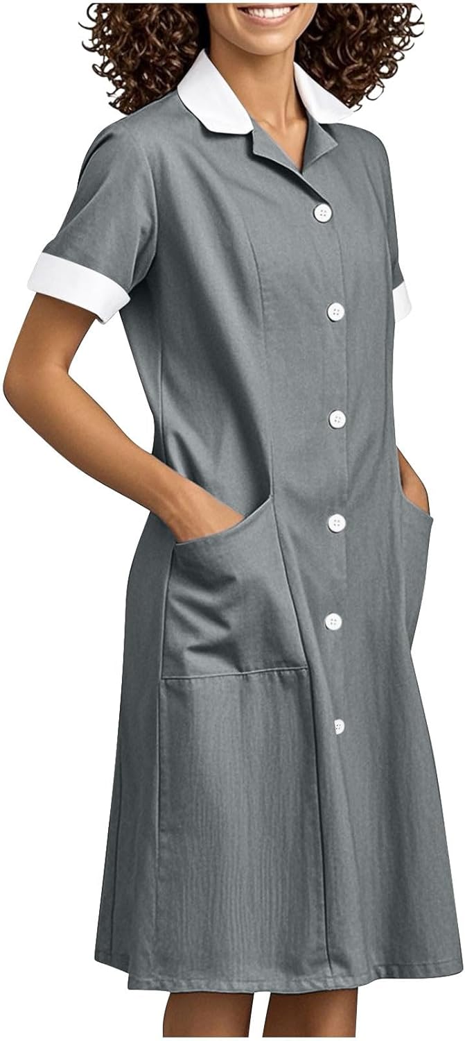 2025 Housekeeping Maid Uniform Dress Womens Button Down Scrub Dresses Workwear Pocket Short Sleeve Loose Dresses