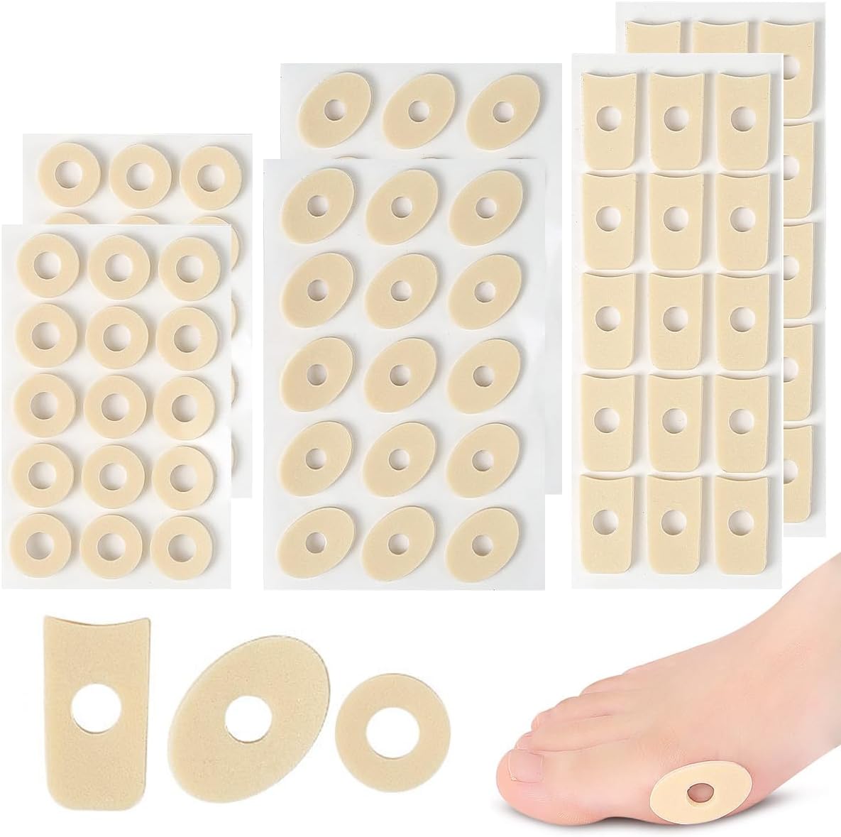 90 Pieces Corn Cushions, Self Adhesive Corn Cushions Soft Latex Foam Callus Pads Corn Pad for Foot Toe Callus Anti Friction Reduce Heel Pain Anti-Slip, 3 Styles