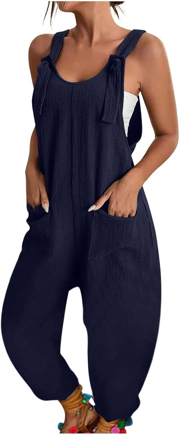 HOOUDO Linen Dungarees for Women UK Summer Casual Sleeveless Rompers Loose Adjustable Strappy Short Overalls Jumpsuits with Pockets