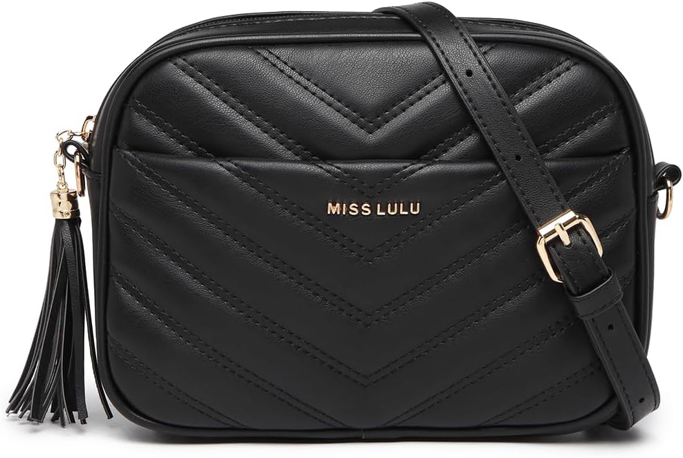 Miss Lulu Women Cross Body Bag Shoulder Bag Satchel Handbags Messenger Bag, Synthetic Leather,V-Shaped Knitting Texture,Tassel Decoration, Classic, With Removable and Adjustable Shoulder Strap