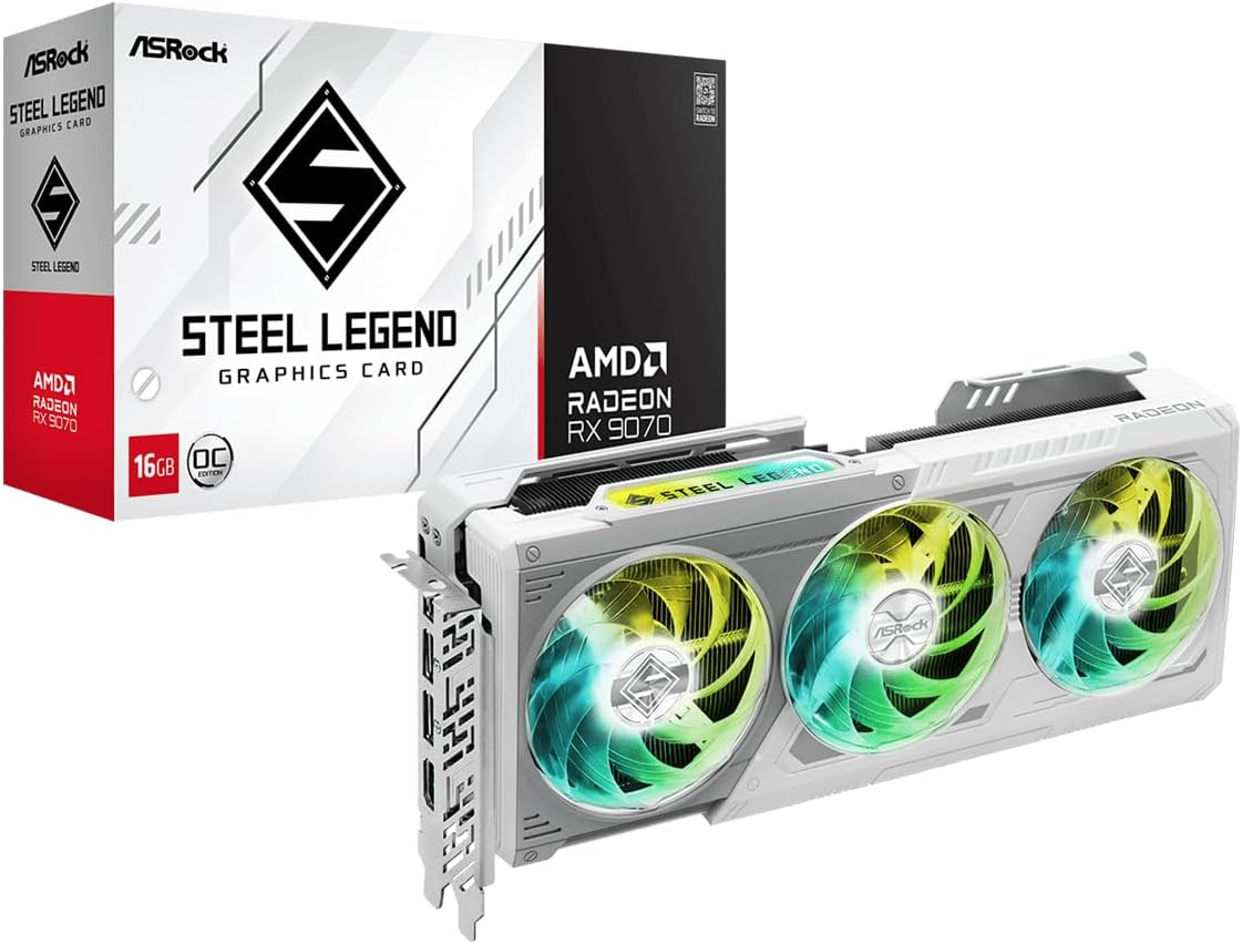 ASRock Radeon RX 9070 Steel Legend 16GB OC, AMD RDNA 4, 16GB GDDR6, PCIe 5.0, Triple Fans, 0dB Silent, Polychrome SYNC, 2700MHz Boost