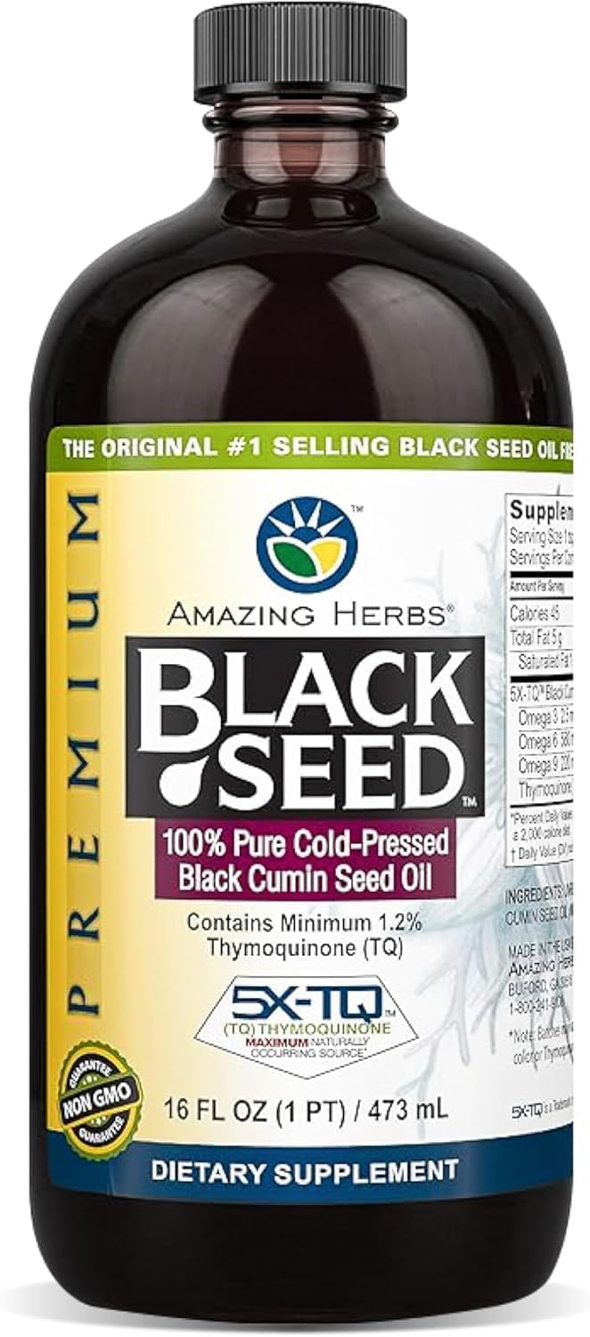 Amazing Herbs Premium Black Seed Oil Liquid - 16 Fl Oz Glass Bottle
