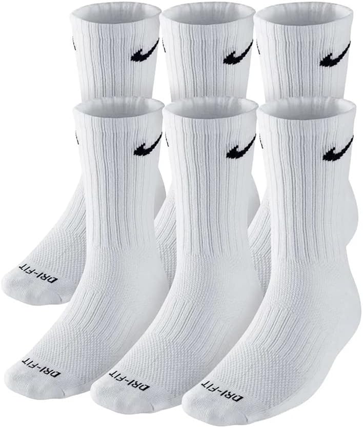 NIKE Dri-FIT Cushion Crew Training Socks (6 Pair) White With Traditional Black Swoosh Logo ADULT LARGE 8-12 UNISEX