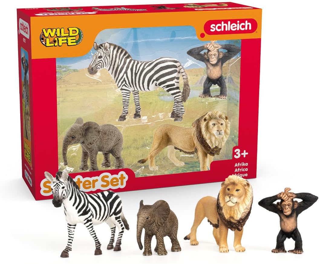 SCHLEICH Wild Life - 4PK Africa Starter Playset - Includes Zebra, Monkey, Elephant and Lion Toy Figures - Safari Figurines for Kids Ages 3+ | 42721