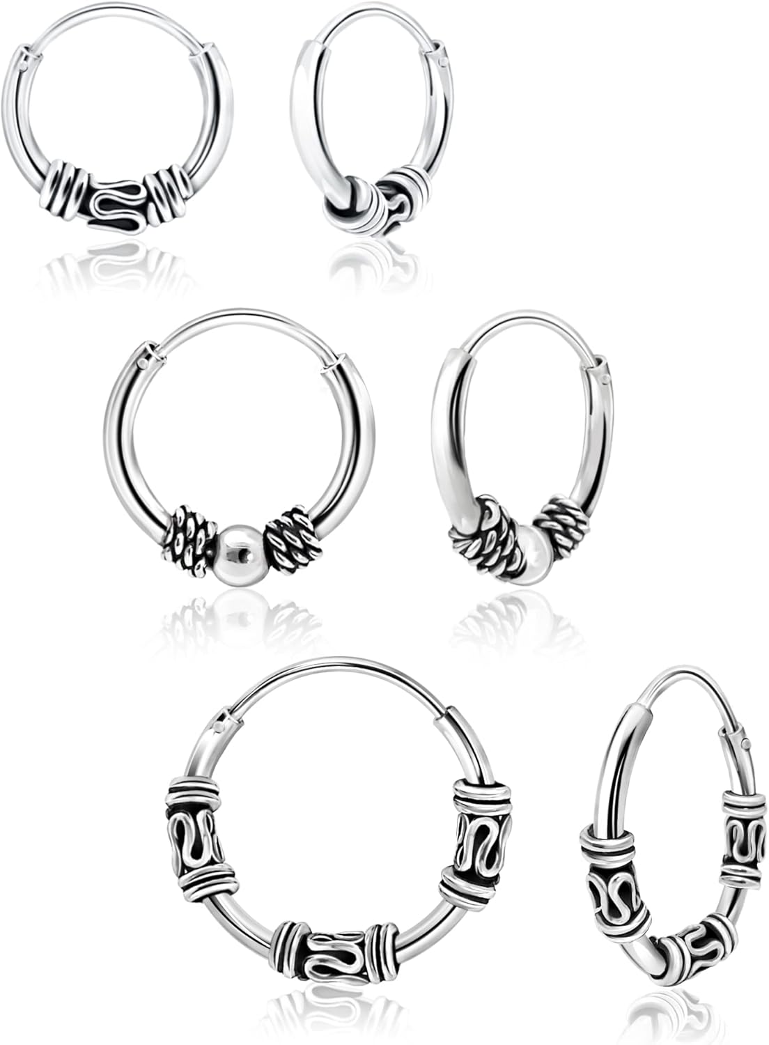 Hoops & Loops 925 Sterling Silver Set of 3 Pairs 10mm, 12mm & 14mm Bali and Bali Bead Endless Hoop Earrings for Women Men | Silver, Yellow & Rose Gold
