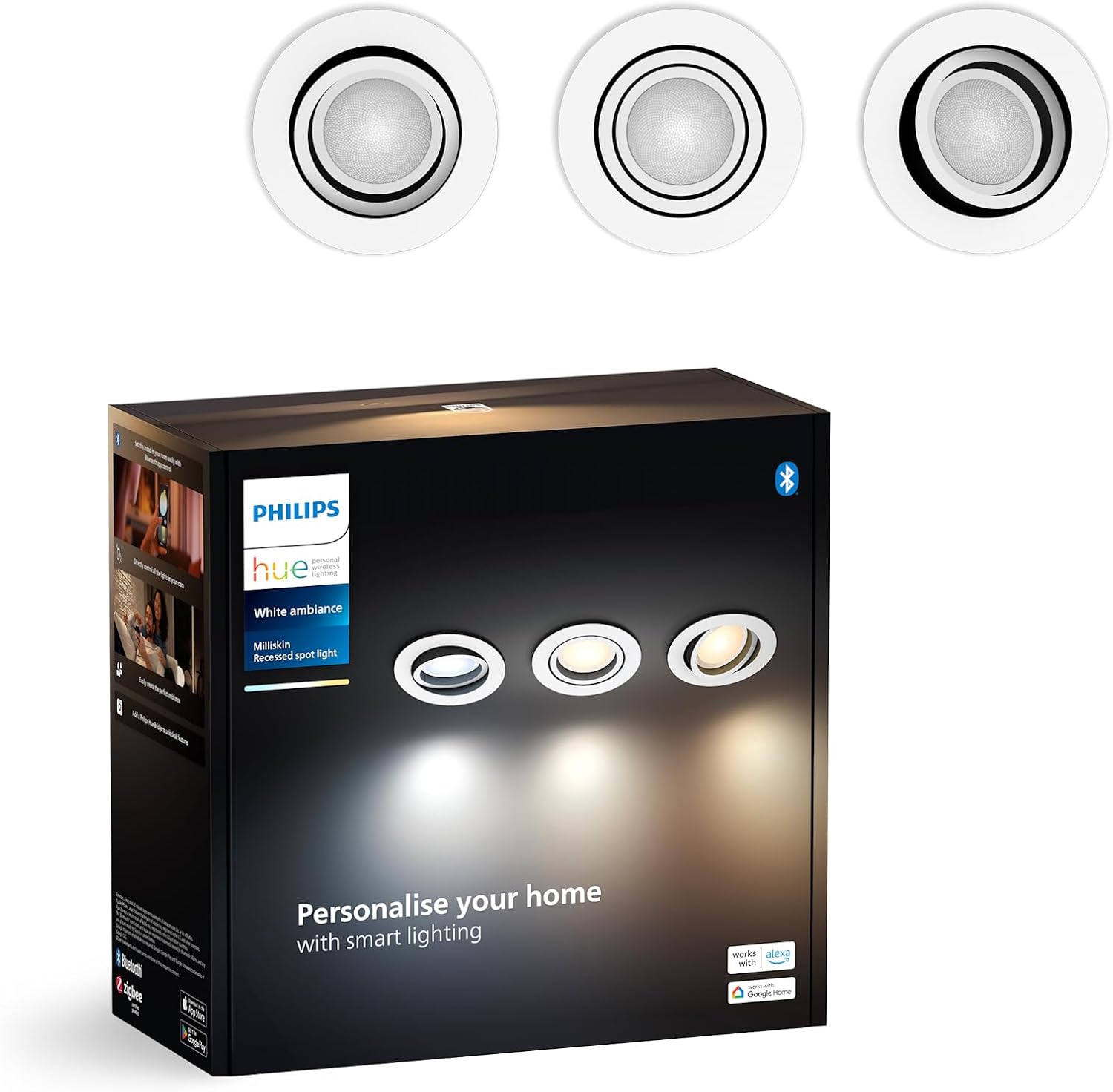 Philips Hue White Ambiance Milliskin Tunable Smart LED Recessed Round Spots 3-Pack White