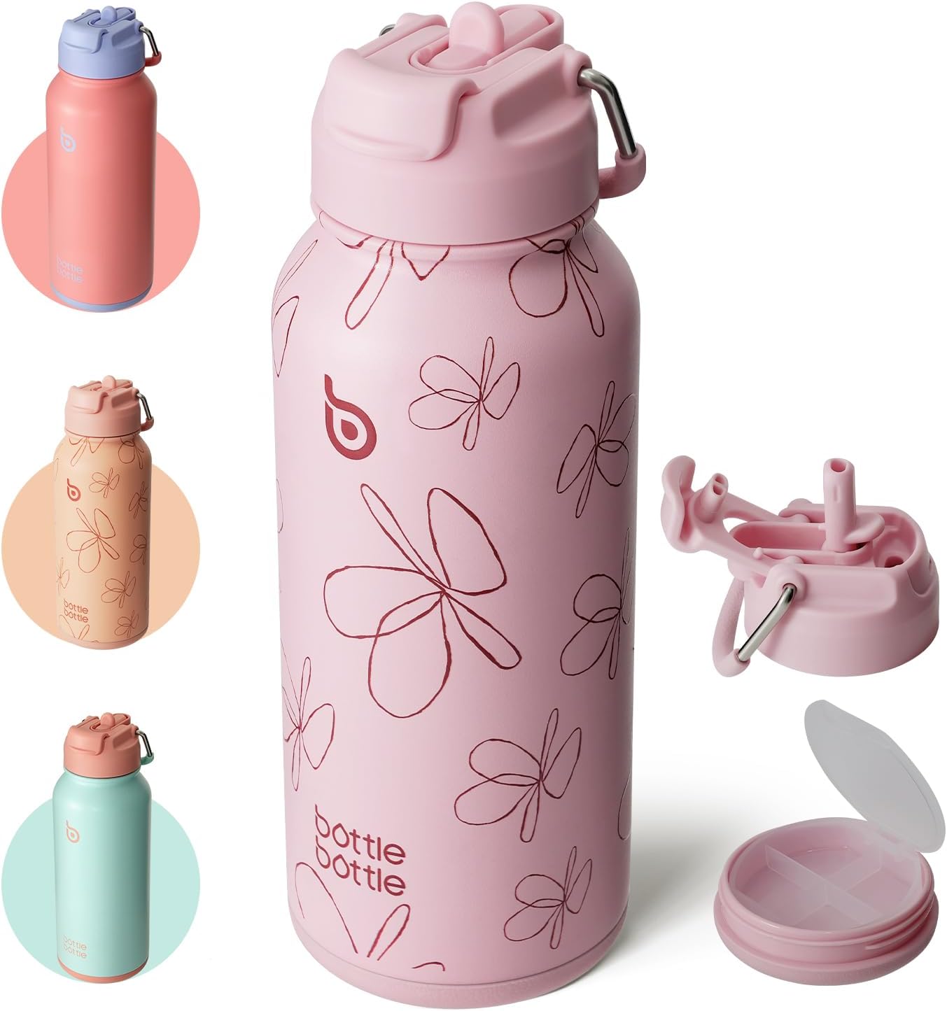 BOTTLE BOTTLE Insulated Water Bottle 950ml(32oz) Stainless Steel Sports Water Bottles with Straw Dual-use Lid Drink Flask Design for Gym with Pill Box (Pink Flower)