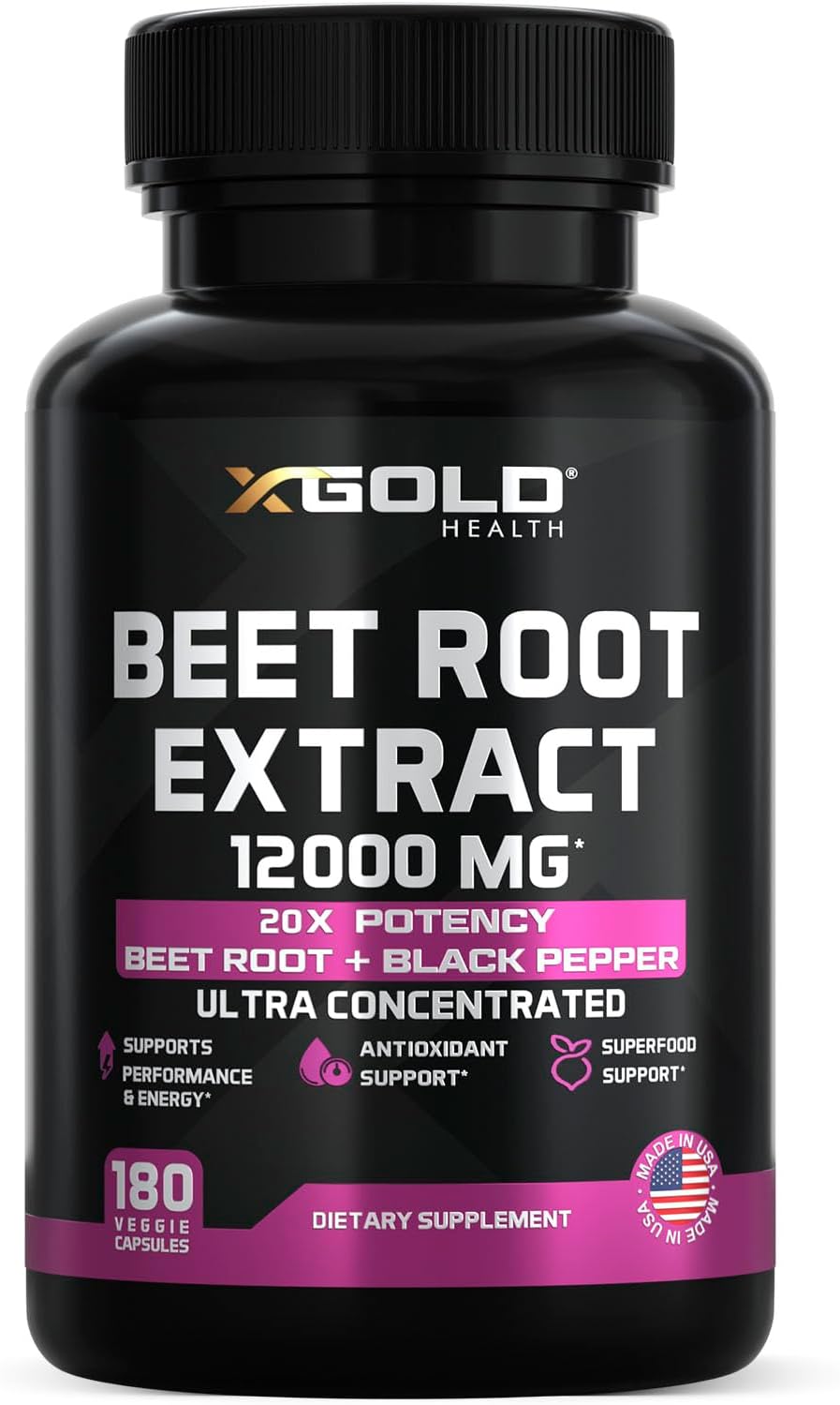 Beet Root Extract Capsules - 12000mg 20x Concentrated Beet Root Capsules Supplement w/Black Pepper - High Nitrates - Natural Nitric Oxide Booster - Highly Concentrated & Bioavailable -180 Veggie Caps