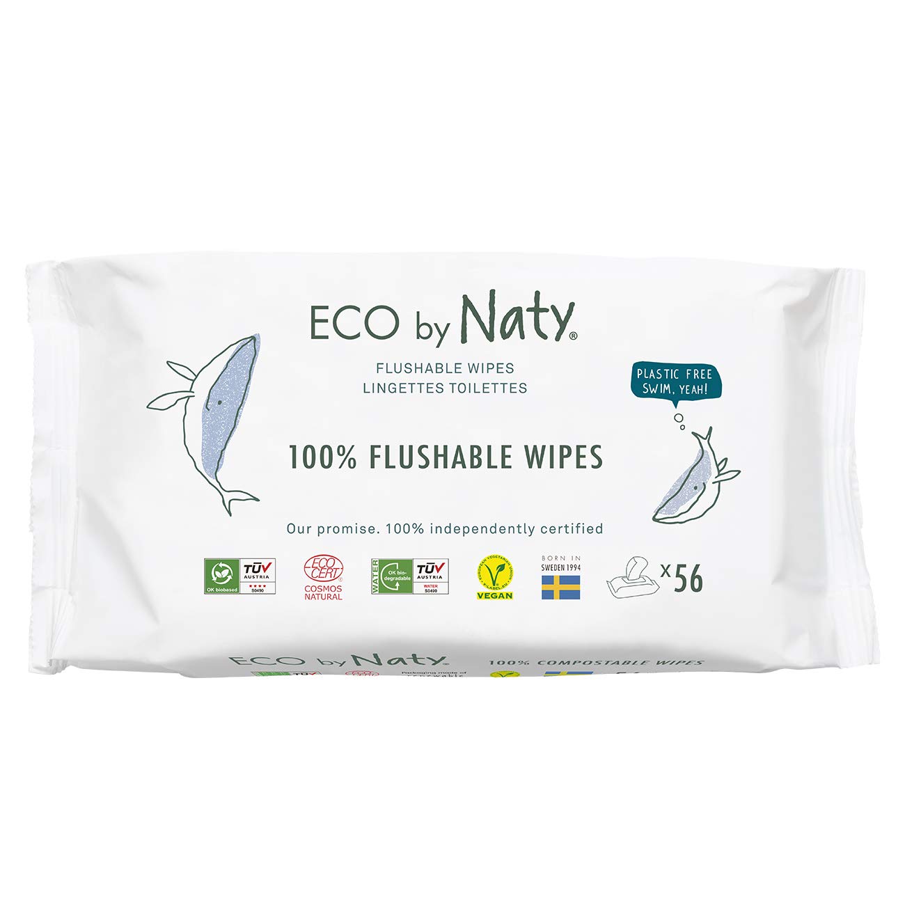 Eco by Naty, Baby Toilet Wipes, 56 Wipes (1 Pack of 56), Vegetable-Based Compostable Wipes with 0% Plastic; No Harmful Chemicals