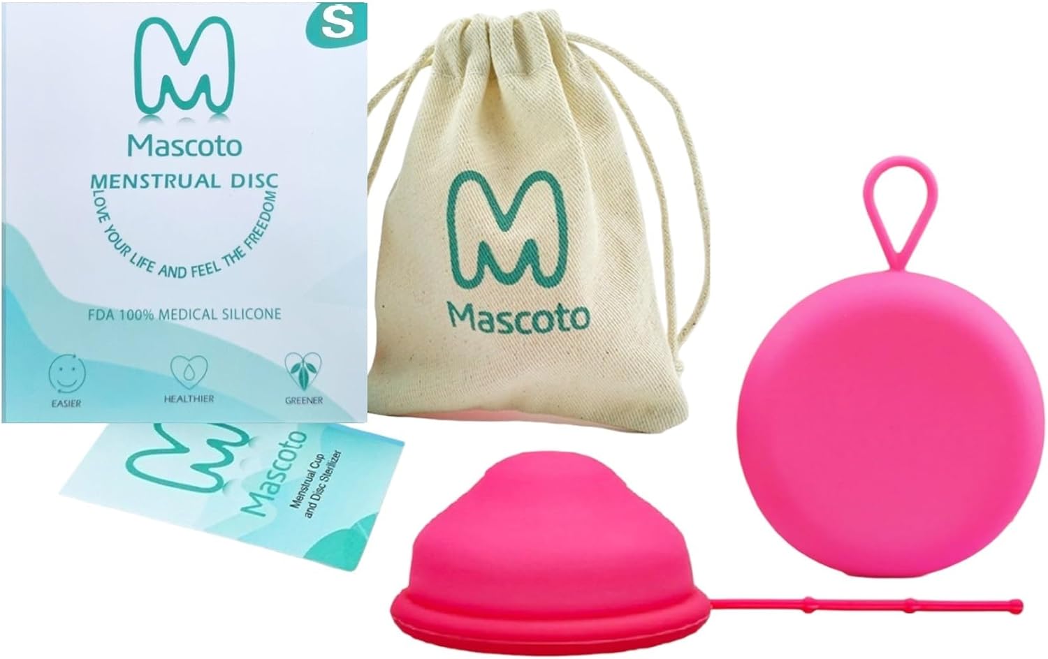 Menstrual Disc with String, Reusable Flat-fit Cup Made from Medical-Grade Silicone, Ultra Comfortable, Tampon & Pad Alternative, Mess-Free Period Sex by Mascoto® (Small)