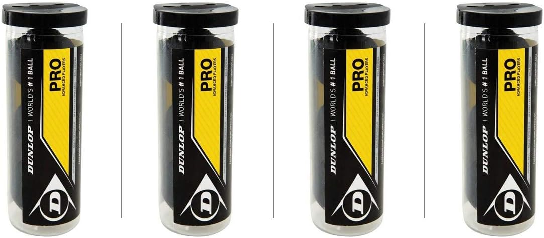 Dunlop Squash Ball Pro Double Yellow Dot 12 Balls in 4 Practical Tins