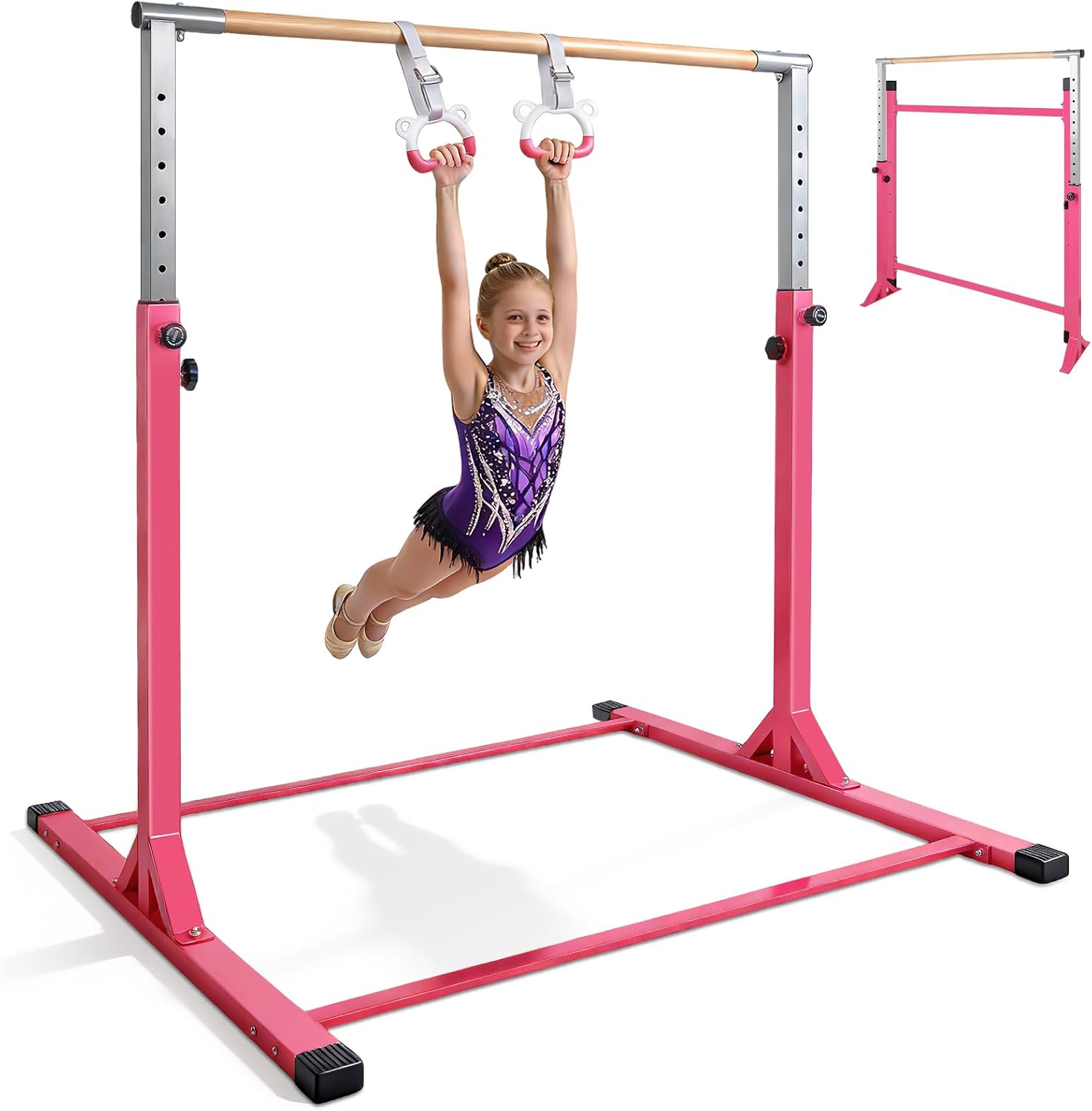Gymnastics Bar for Kids Training Horizontal Bar for Home Ages 3-15 Adjustable Height Gym Equipment Indoor Non-Slip with Rings (Pink)