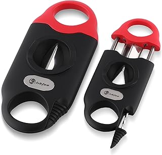 Cigar Cutter V Cut with Cigar Draw Enhancer 2 Cigar Holders, Stainless Steel Cigar Cutter, 3-in-1 Cigar Accessories, Father's Day Christmas Cigar Gifts, Cuts Up to 60 Gauge (Black-Red)