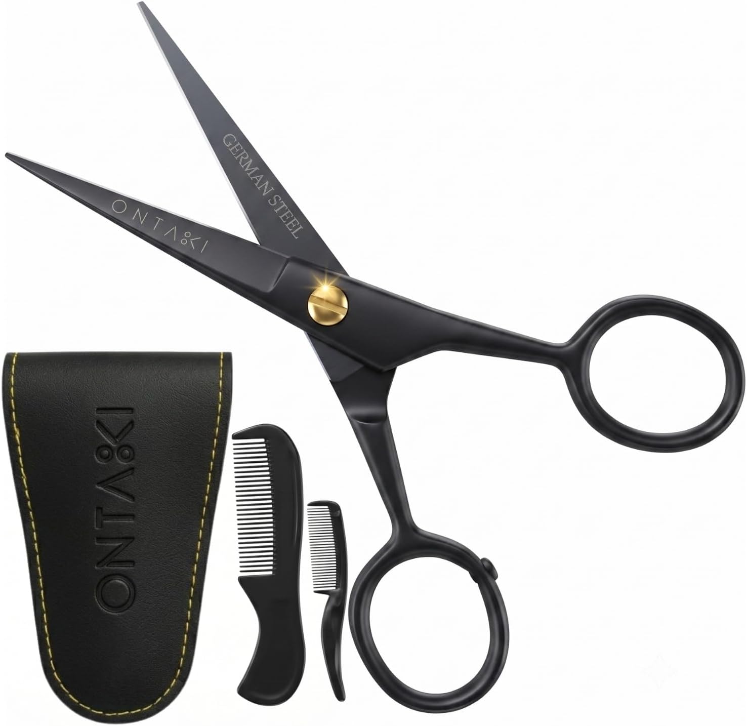 Ontaki 5" Beard & Mustache Scissors for Men with Combs - Black German Steel