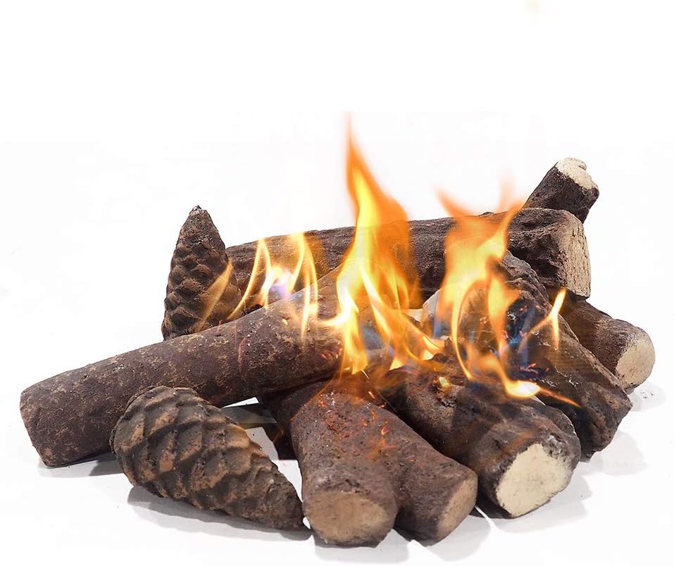ATR ART TO REAL Ceramic Logs Gas Fireplace Log,Decorative Ceramic Logs for Gas Fires,Smokeless Artificial Pine Cones Shaped Firewood Logs for Electric Fireplace,9 Pcs
