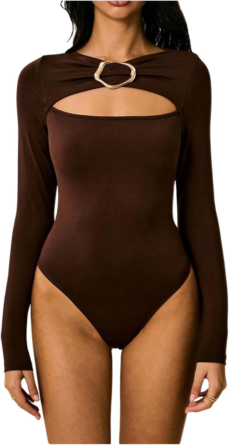 SweatyRocks Women's Cutout Bodysuit Long Sleeve Tee Body Suits Sexy Going Out Tops