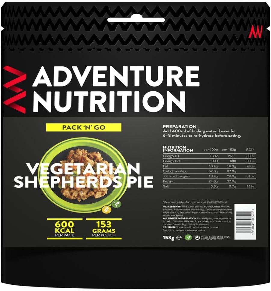 Adventure Nutrition Pack N Go Freeze-Dried Lightweight Food, 600 Kcal, for Adventurers, Hikers, Campers, Emergency Services, Mountaineers (1,Vegetarian Shepherds Pie)