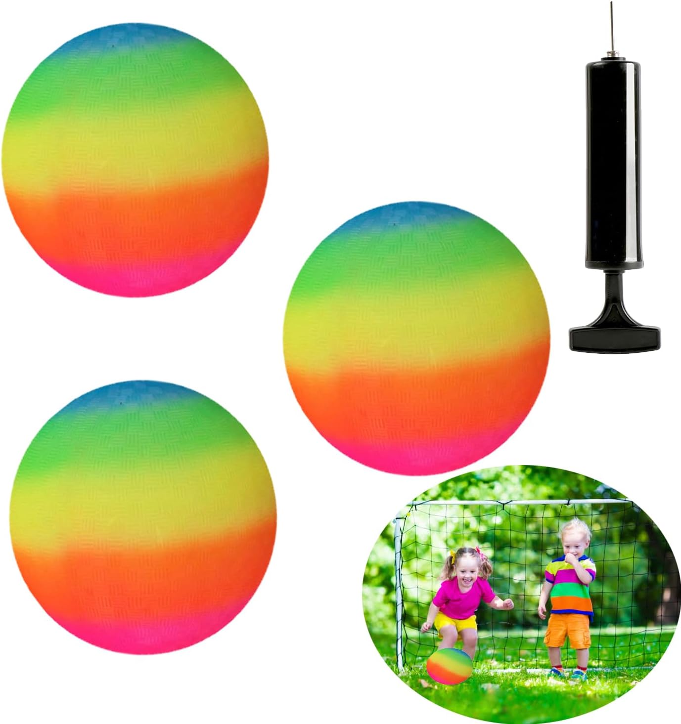 iHMeiju 3pcs Playground Balls with BONUS Air Pump, 8.5inch Rubber Inflatable Balls for Kids and Adult Kickball No Sting Balls for Kids Ball Games Gym Camps Yoga Exercises Indoor Outdoor Rainbow.