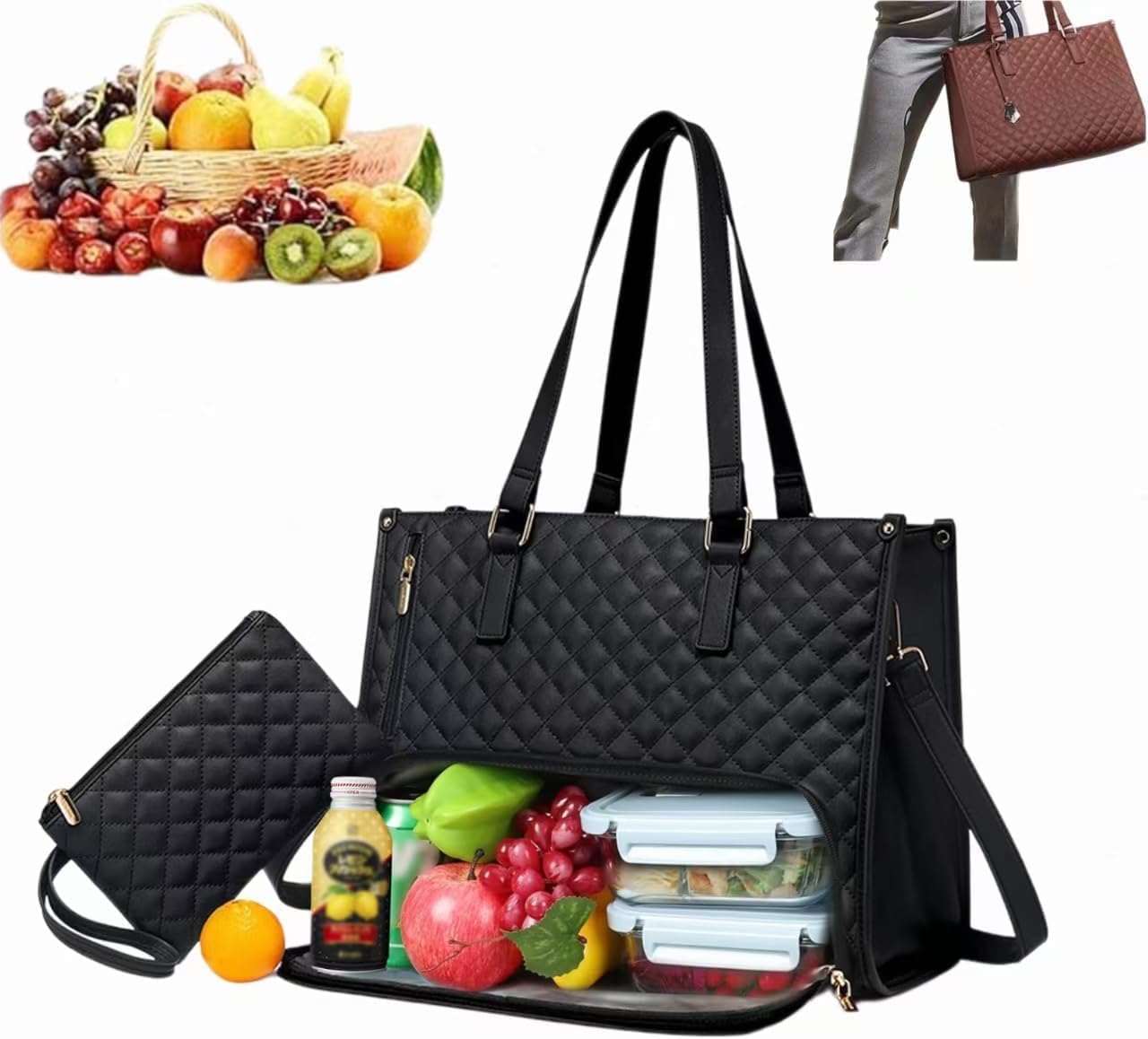 YuuFcy 2 in 1 Lunch Tote Bag for Women, 5.6 Inch Leakproof Tote Bags with Insulated Lunch Compartment, Large Work Tote Bag with Lunch Compartment, Work Handbag for Business, Office