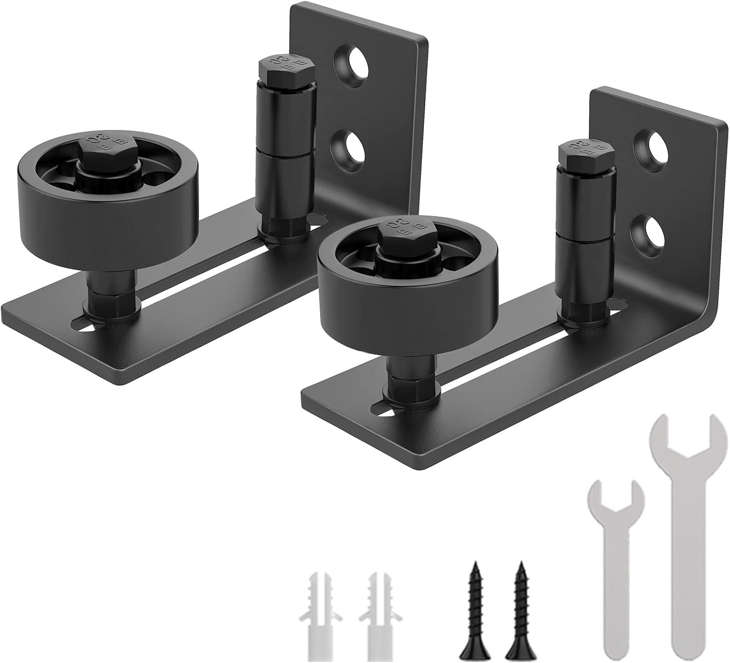 WINSOON Sliding Barn Door Floor Guide Wall Mounted Hardware for Flush Bottom Adjustable Stay Rollers, Set of 2,8 Setup Options, Smooth Wheels Fit Most Closet Pocket Doors, Black