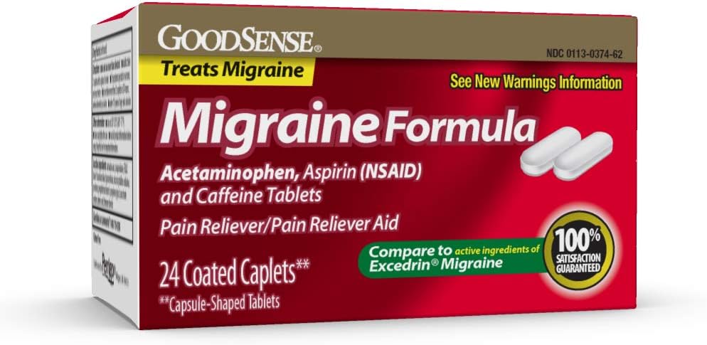 GoodSense Migraine Formula Caplets, Acetaminophen, Aspirin (NSAID) and Caffeine Tablets, Migraine Pain Relief, 24 Count