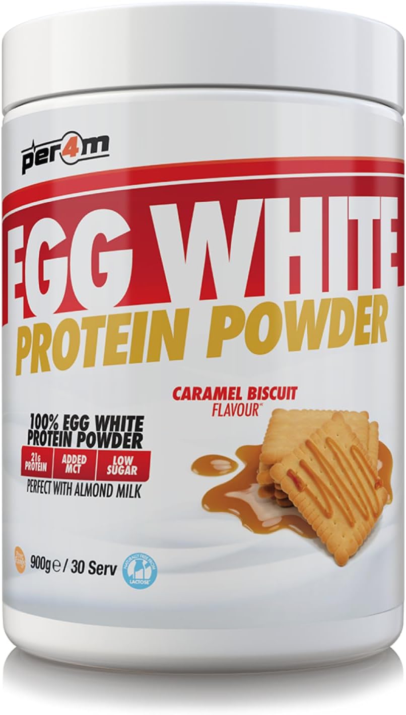 Per4m 100% Pure Free Range Egg White Protein Powder | 30 Servings High Protein Shake with Added MCT | Gut Friendly and Lactose-Free | with Essential Amino Acids (900g, Caramel Biscuit)