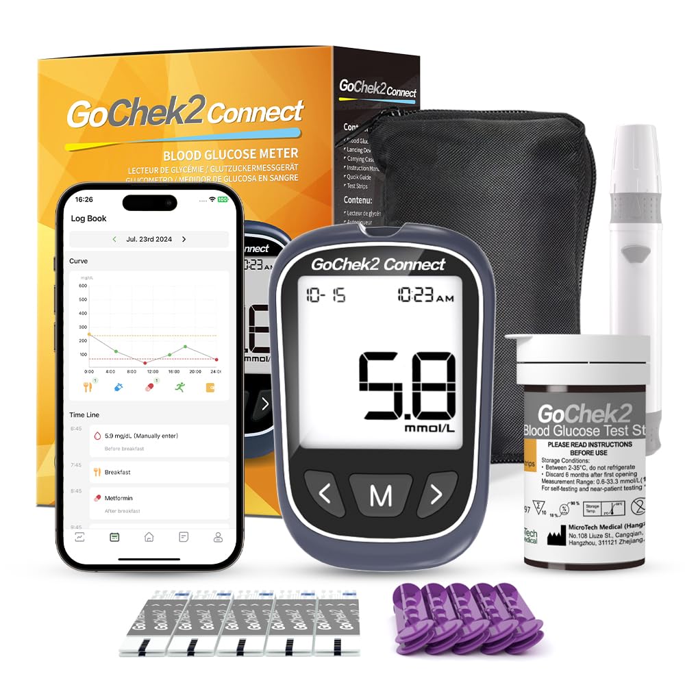 MicroTech Bluetooth Blood Sugar Monitor Kit 10 Strips & Lancets, No Coding, 500 Storage, Wider HCT for Family (mmol)