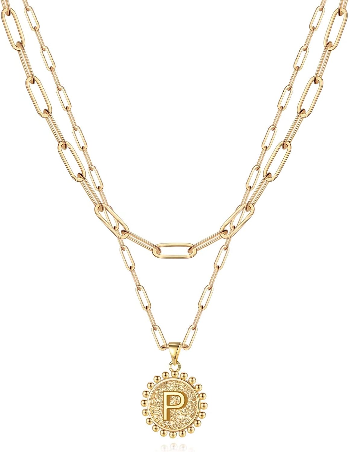 Yoosteel Gold Initial Necklaces for Women, 14K Gold Plated Dainty Layering Paperclip Link Chain Necklace Personalized Coin Initial Layered Gold Necklaces for Women