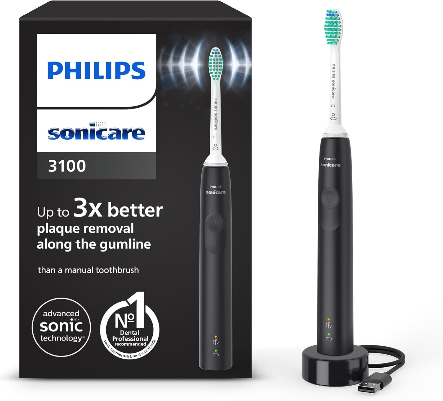 Philips Sonicare 3100 Series Electric Toothbrush, Sonic Toothbrush, Pressure Sensor and Timer, Black, HX3671/14