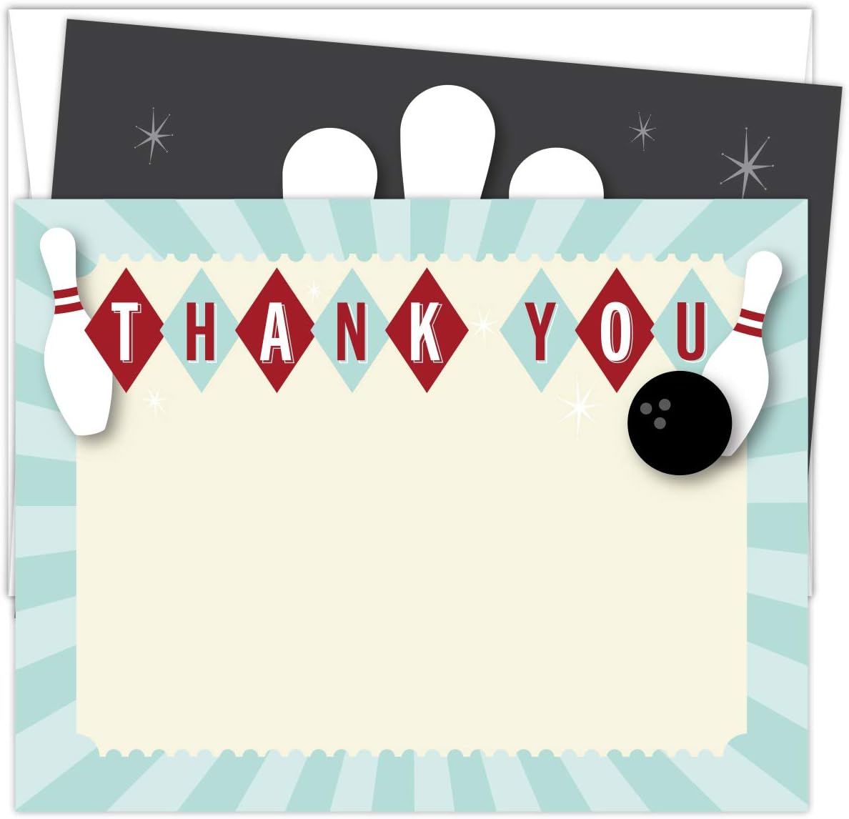 Koko Paper Co Bowling Thank You Cards. Set of 25 5.5” x 4.25” Green and Beige Flat Note Cards and A2 White Envelopes. Printed on Heavy Card Stock.