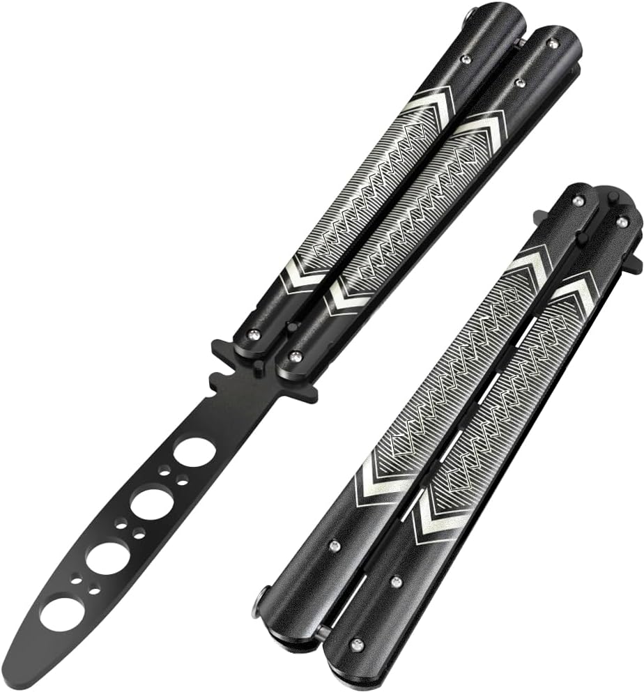 GOOD WORKER Butterfly Trainer - Practice Balisong Butterfly Knives NOT Real NOT Sharp Blade - Cool Design - Black Dull Trick Butterfly - Butter Fly Training - Fathers Day Dad Gift K14B