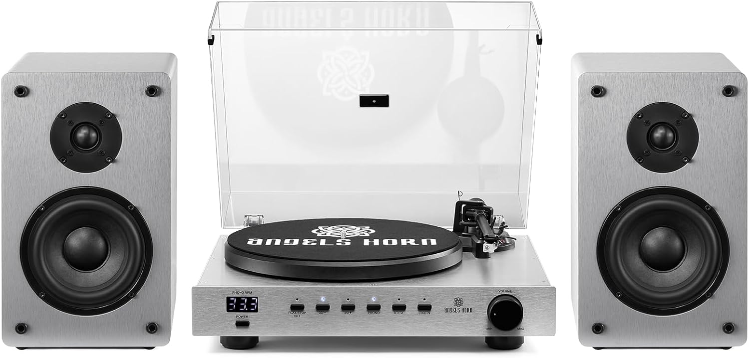 ANGELS HORN High Fidelity Bluetooth Vinyl Turntable Record Player with Bookshelf Speakers, AT-3600L, Built-in Phono Preamp, Belt Drive 2-Speed, Pitch Control, Aluminum Alloy Plinth