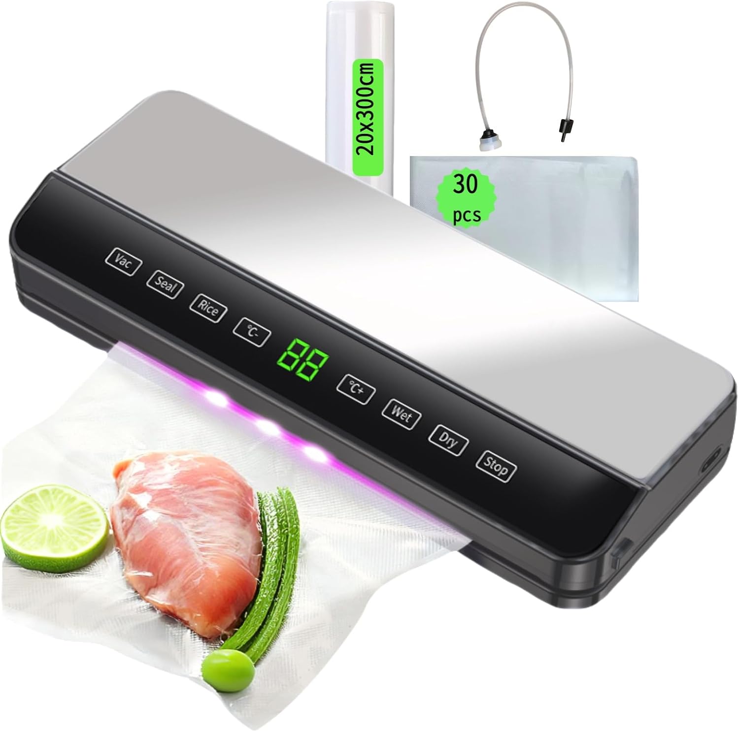 6 in 1 Vacuum Sealing Machine with High Suction Force of 80KPa and Controllable Sealing Temperature, Built in Cutting Blade, LED Display, Suitable for Vacuum, Sealing, Rice, Dry, Wet Modes