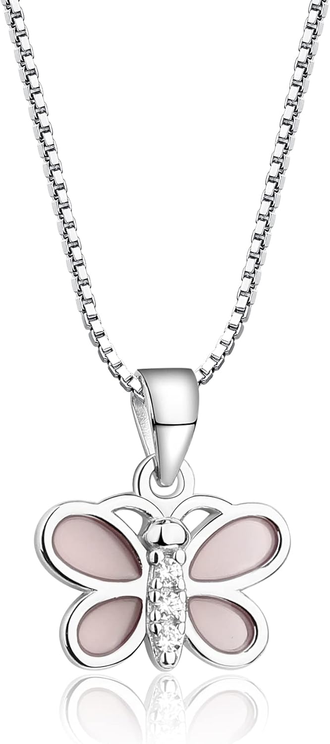 Cherished Moments Children's Sterling Silver Pink Butterfly with Sparkling CZs Necklace for Little Girls, Kids, and Toddlers, 14"