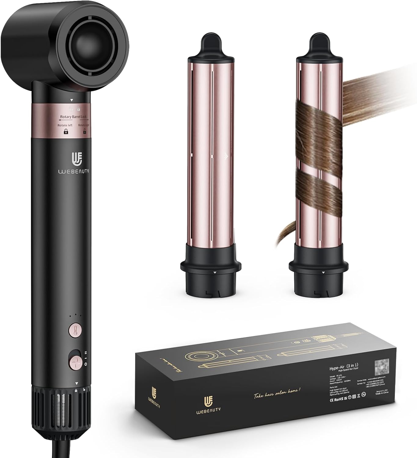 webeauty 3 in 1 Hot Air Styler,110,000 RPM, 20M/S Brushless High Speed Hair Dryer, 200 Million Ioni Negative Blow Dryer with Air Hair Curler for Drying, Curling, Hair Care