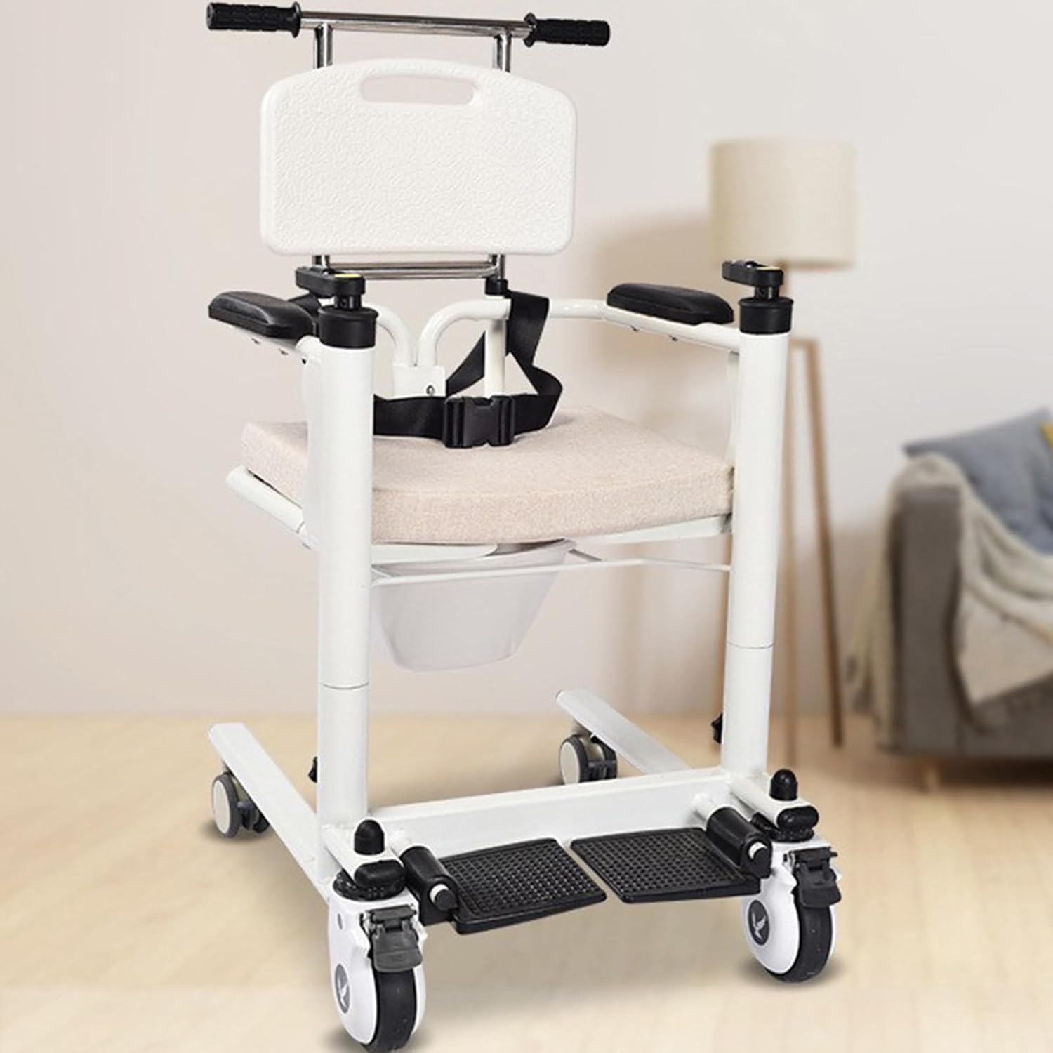 Multifunctional Patient Transfer Lift,shower Chair Commode with Footrest and Safety Belt,with Large Detachable Bucket & 4 Castor Wheels,waterproof Design