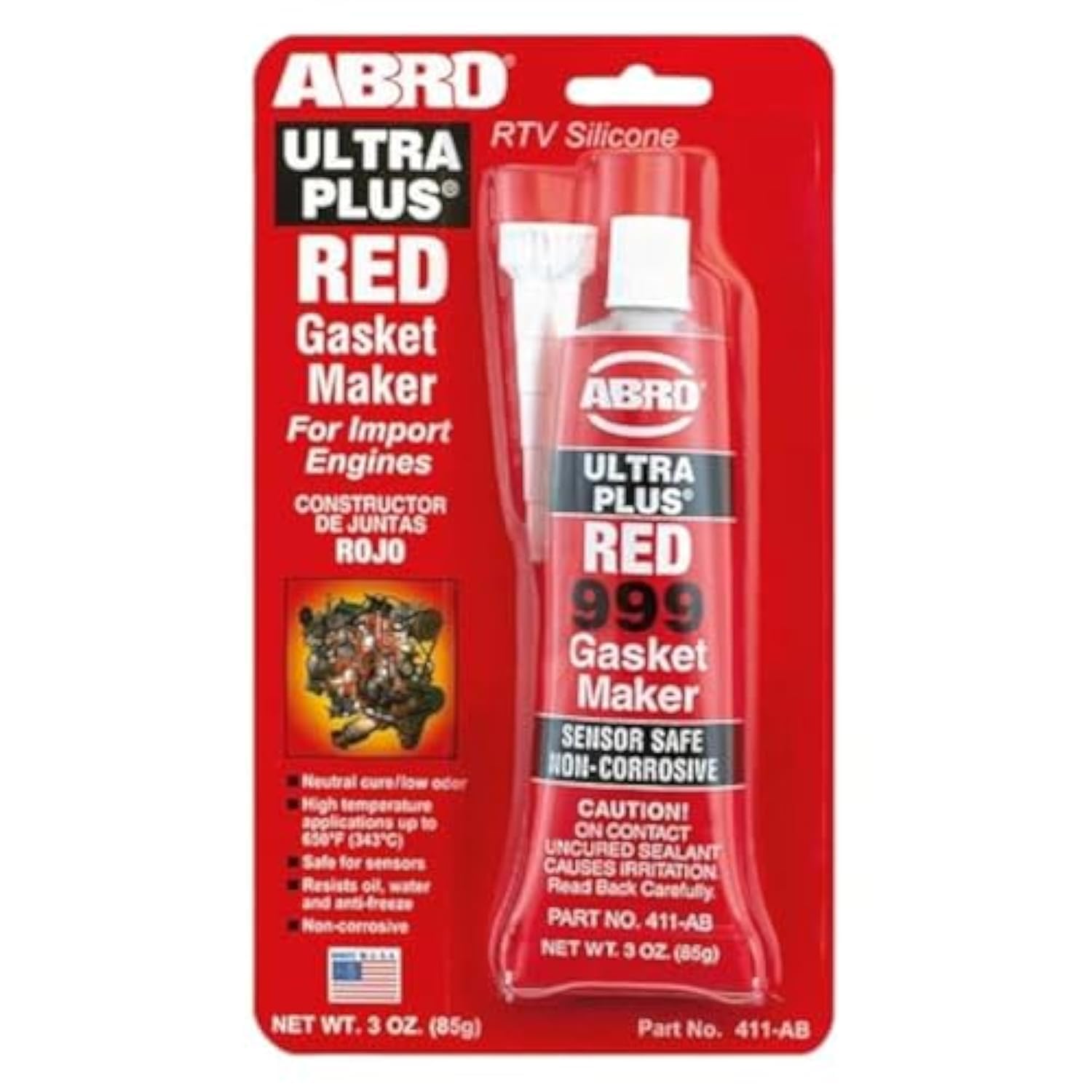 ABRO Ultra Plus Silicone Gasket Maker Red 999, Silicone Sealant for Import Engines, Sensor Safe, Non-Corrosive, High Temperature Use, 650 Degrees F, 3 oz. Tube