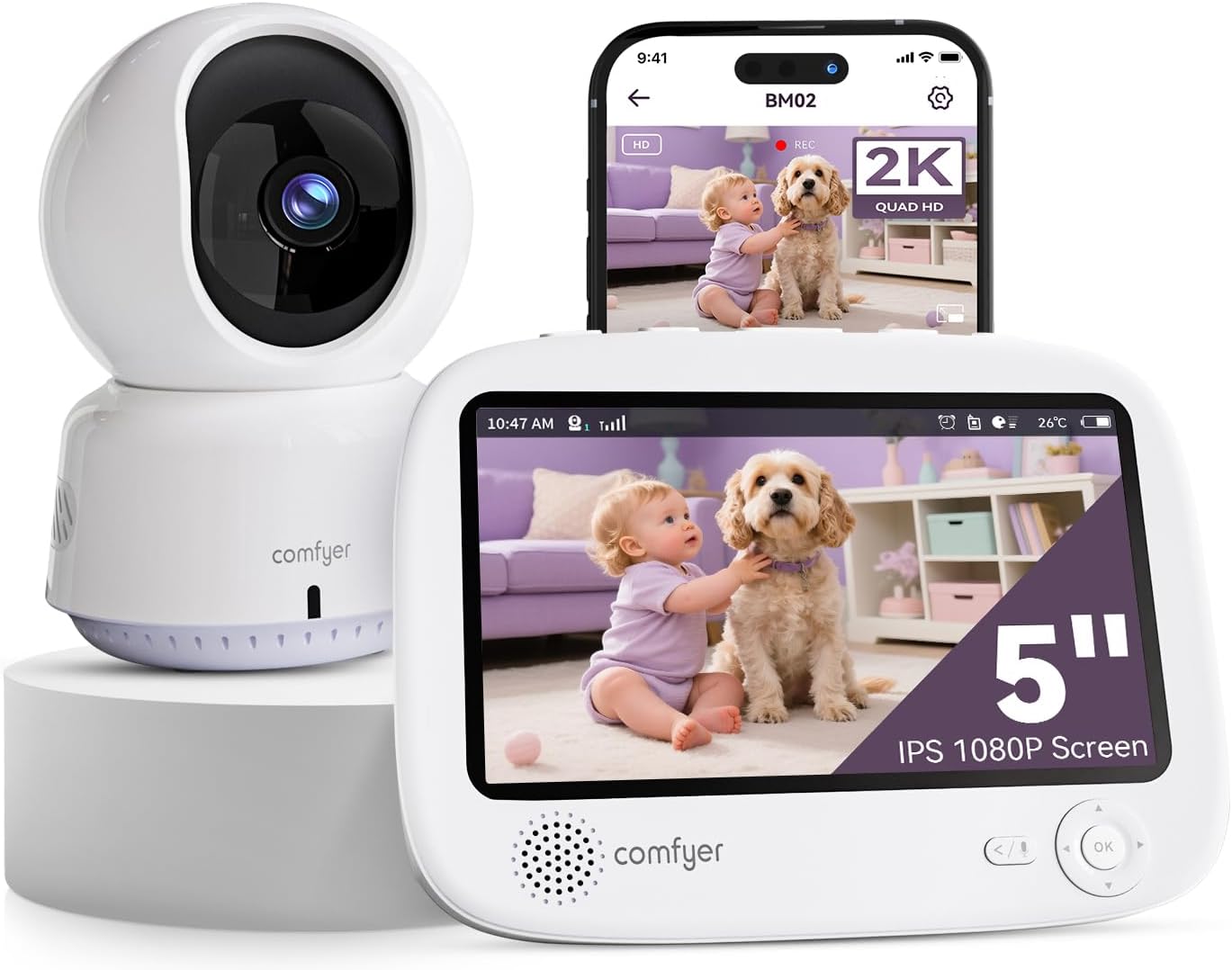 4-Split Screen Smart Video Baby Monitor with 2K Camera–5" 1080P HD Display, 5050mAh Battery, Wi-Fi&Non-Wi-Fi, App&Monitor Control, Night Vision, Motion Detection, Temp Sensor, PTZ, 500m Range