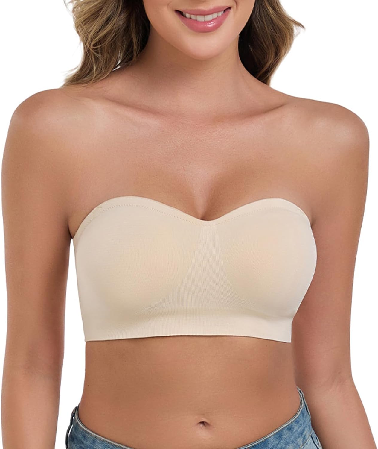 ANGOOL Women's Bandeau Bra Strapless Non-Wired Padded Seamless Multiway Convertible Straps Full Support Non-Slip