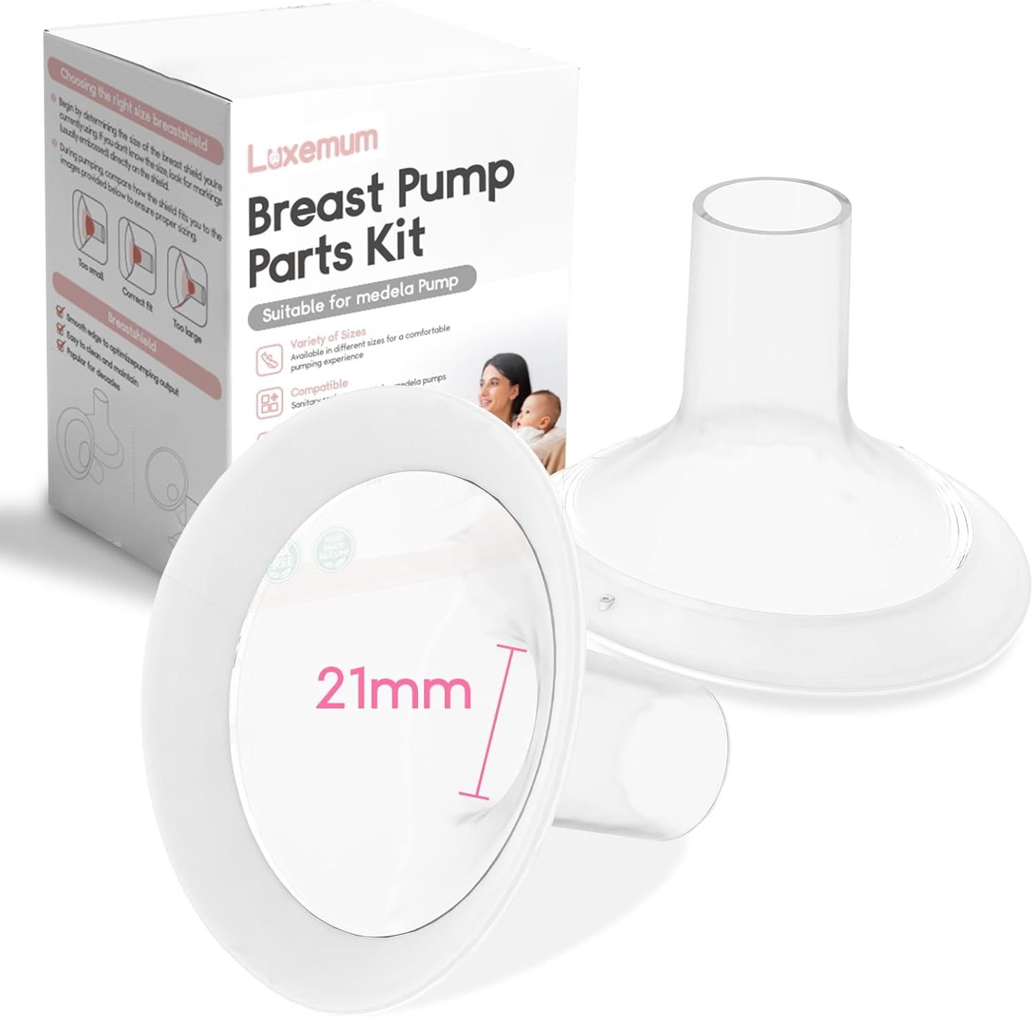 Pump Parts for Medela Breast Pump, 21MM Oval Soft Flanges w/ 106 Degree Wider Opening Angle for Medela Symphony Pump, PersonalFit, Freestyle, Maxflow, Freestyle Flex Swing Maxi Connector（2 Packs ）