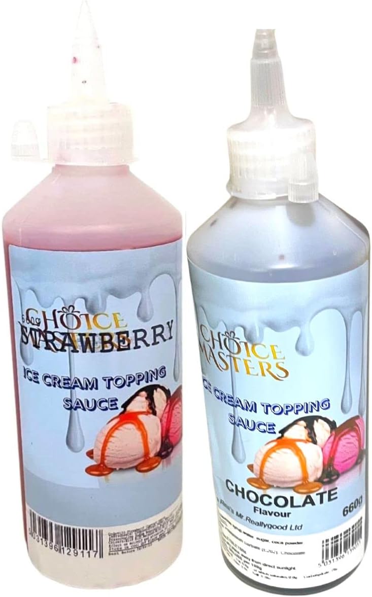 Topping Sauces - Strawberry and Chocolate Fat Free Ice Cream and Dessert 2 Pack Bundle Topping Sauce, Suitable for Vegans/Vegetarians for Cocktails, Popcorn, Pancake,Waffles and Much More, 2X 625ml
