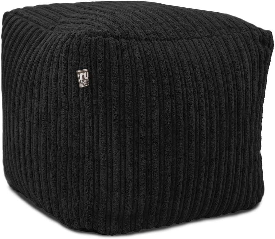 rucomfy Beanbags Corduroy Cube Footstool Bean Bag. Home Decor Accessories for Living Room, Lounge and Bedroom. Modern Furniture Square Pouffe. Machine Washable. 38 x 38 x 38cm (Black)