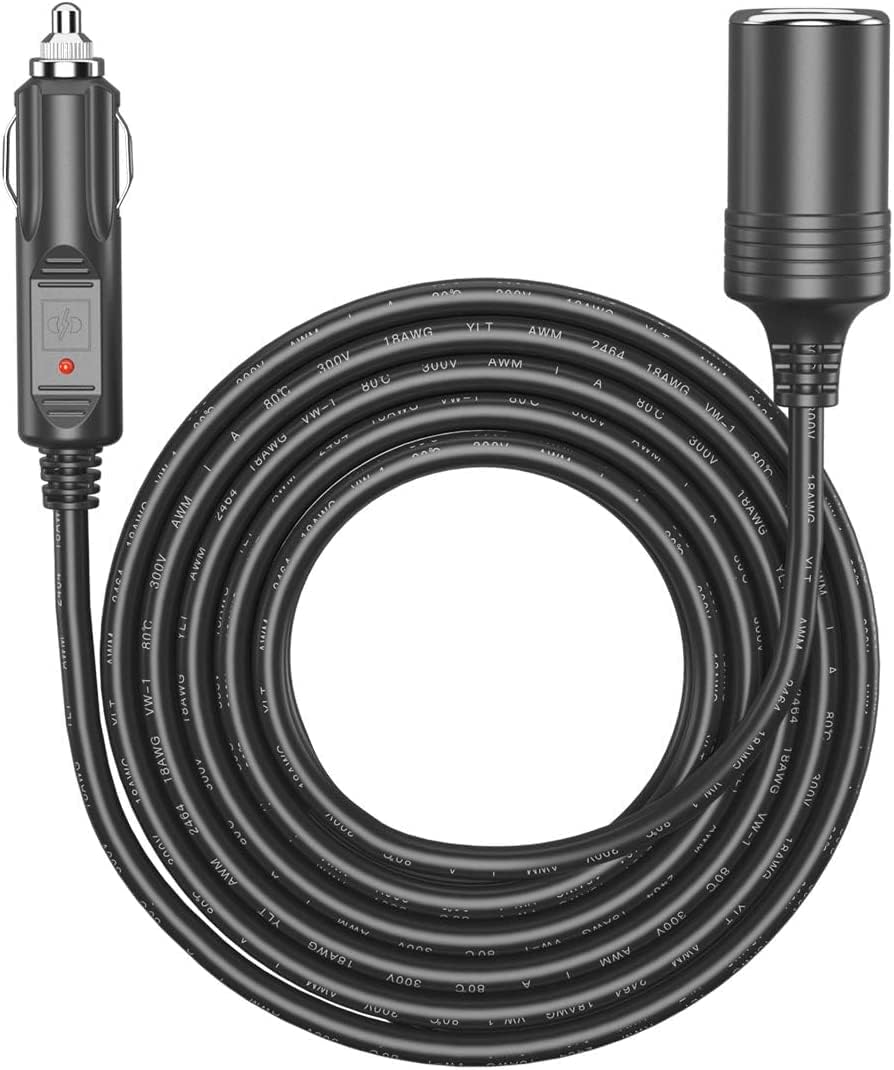 Amacam 12V/24V Car Charger Extension-3.0 Metre Black Long Cable with Inline Cigarette Lighter Socket. Suitable for Tyre Inflators Vacuum Cleaners and Other Portable Equipment Tough Durable Power Lead.