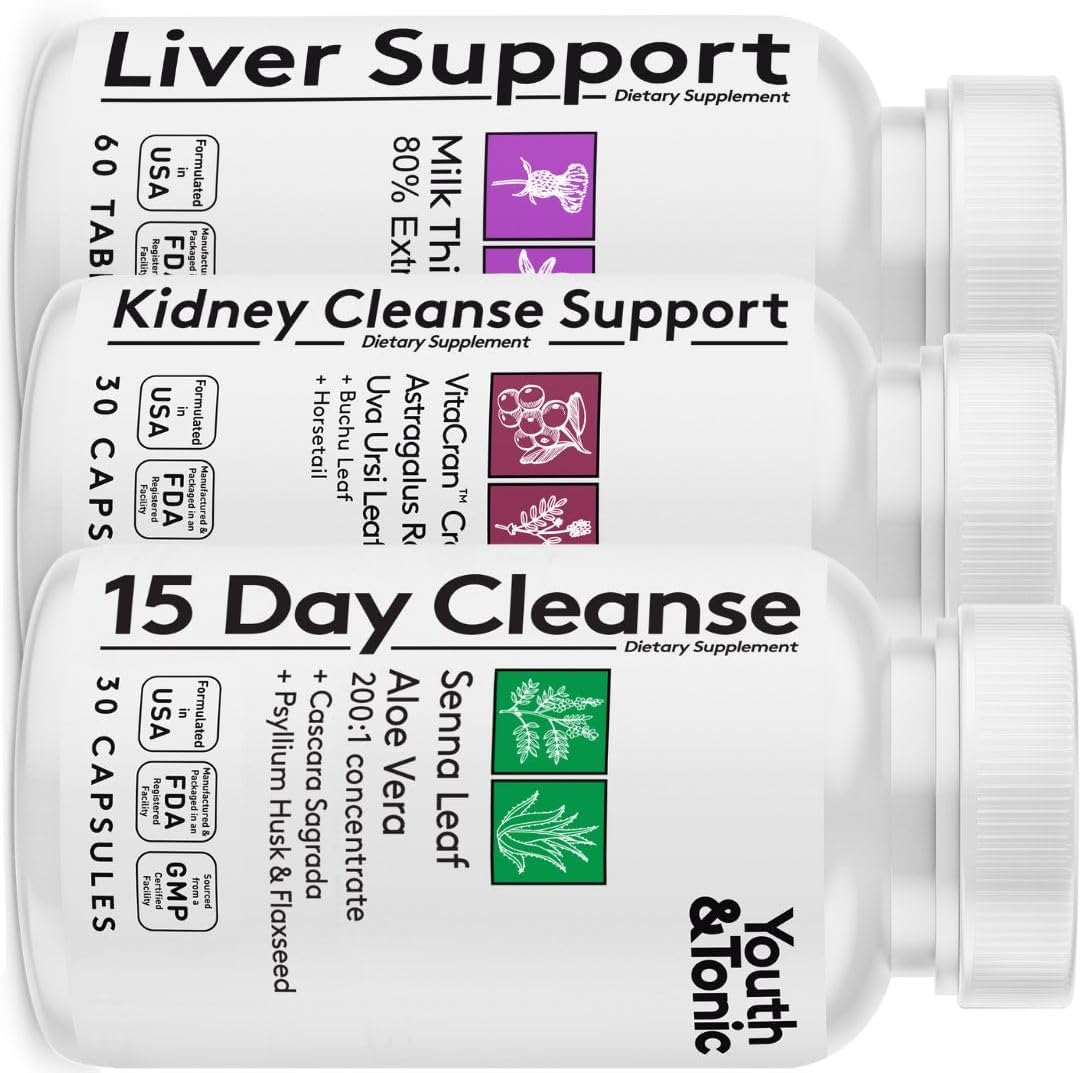 Youth & Tonic 3X Body Cleanse and Detox Pills for Women & Men with Liver, Kidney, Colon Supplements to Support Healthy Functions and for Loss of Unwanted Impurities and Metabolic Waste. 120 Capsules