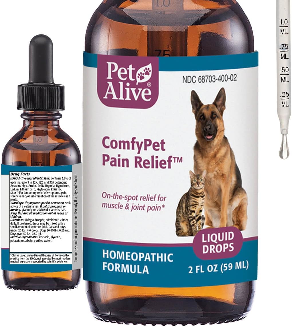 PetAlive ComfyPet Pain Relief for Dogs & Cats – Natural Homeopathic Supplement for Pet Joint & Mobility Support – 2 fl oz Drops – Made in USA