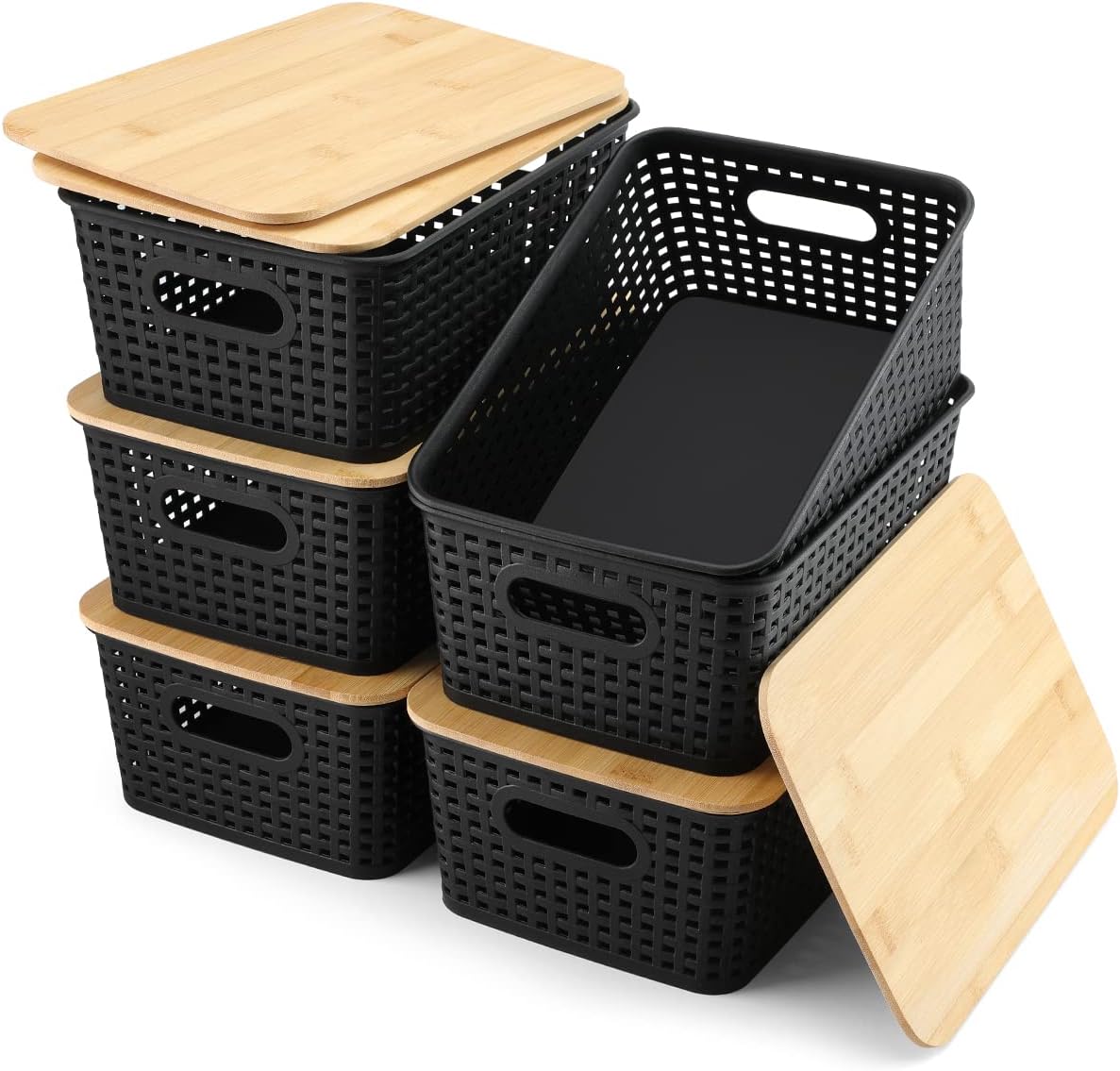 AREYZIN Storage Bins with Bamboo Lids Set of 6 Lidded Storage Container Plastic Baskets Organizer Bins for Organizing Kithen Room Bedroom Office Closet, Sturdy(Black)