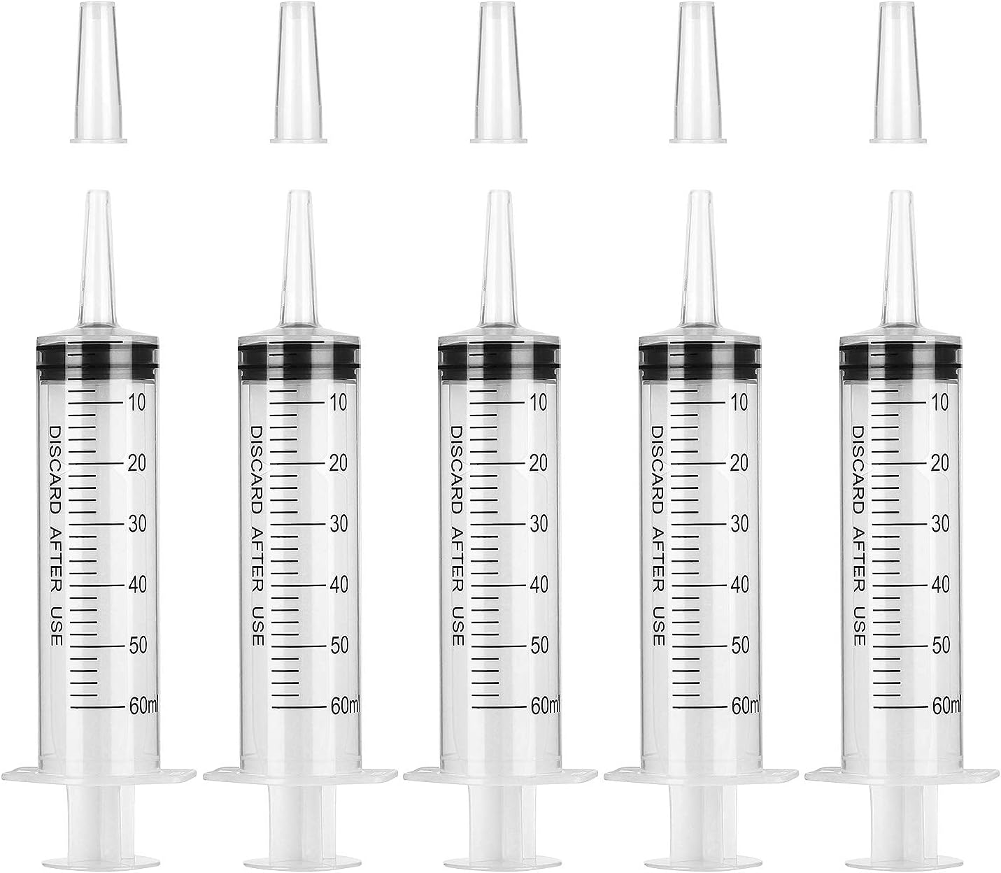 Hyber&Cara Syringes 60ml (50ml), 5 Pcs Plastic Syringe with Catheter Tip for Scientific Labs, Liquid Measuring & Dispensing, Animal Feeding, Plant Watering
